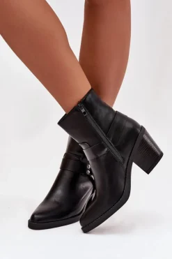 Boto Botki Ocieplane|Botki Skórzane*Ocieplane Botki Damskie Na Słupku Z Ozdobnym Elementem Czarne Jurelle Czarny