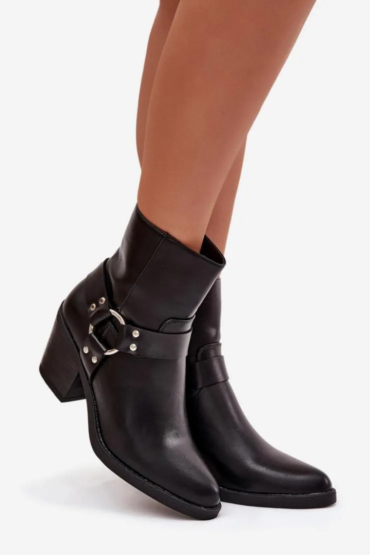 Boto Botki Ocieplane|Botki Skórzane*Ocieplane Botki Damskie Na Słupku Z Ozdobnym Elementem Czarne Jurelle Czarny