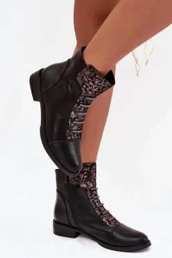 New Boto Ocieplane Botki Damskie Na Płaskim Obcasie Kwiaty Czarne Labise Czarny