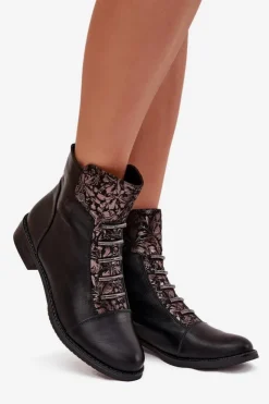 New Boto Ocieplane Botki Damskie Na Płaskim Obcasie Kwiaty Czarne Labise Czarny