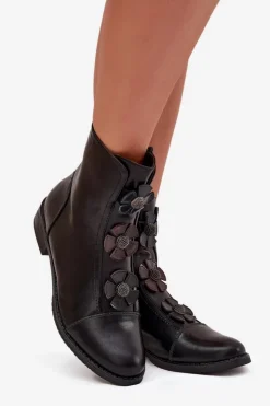 Online Boto Ocieplane Botki Damskie Na Płaskim Obcasie Z Ozdobnymi Kwiatkami Czarne Pravienne Czarny