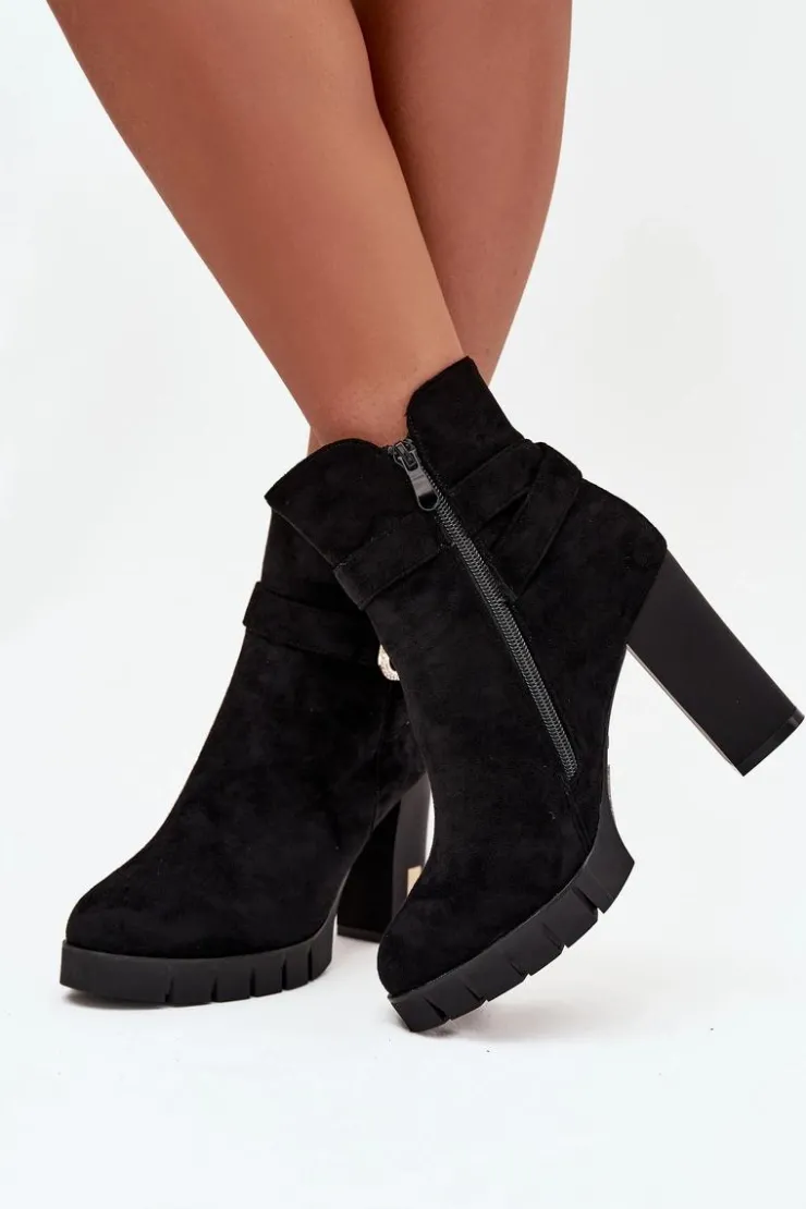 Damskie Boto Ocieplane Botki Damskie Na Słupku Z Klamrą Czarne Nolivira