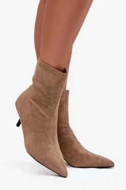 Boto Botki Ocieplane|Botki Na Obcasie*Ocieplane Botki Damskie Na Szpilce Eko Zamszowe Beżowe Belisse Beżowy