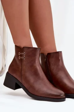 Evento Botki Ocieplane|Czarne Botki*Ocieplane Botki Damskie Na Klocku Brązowe Delmira Brązowy