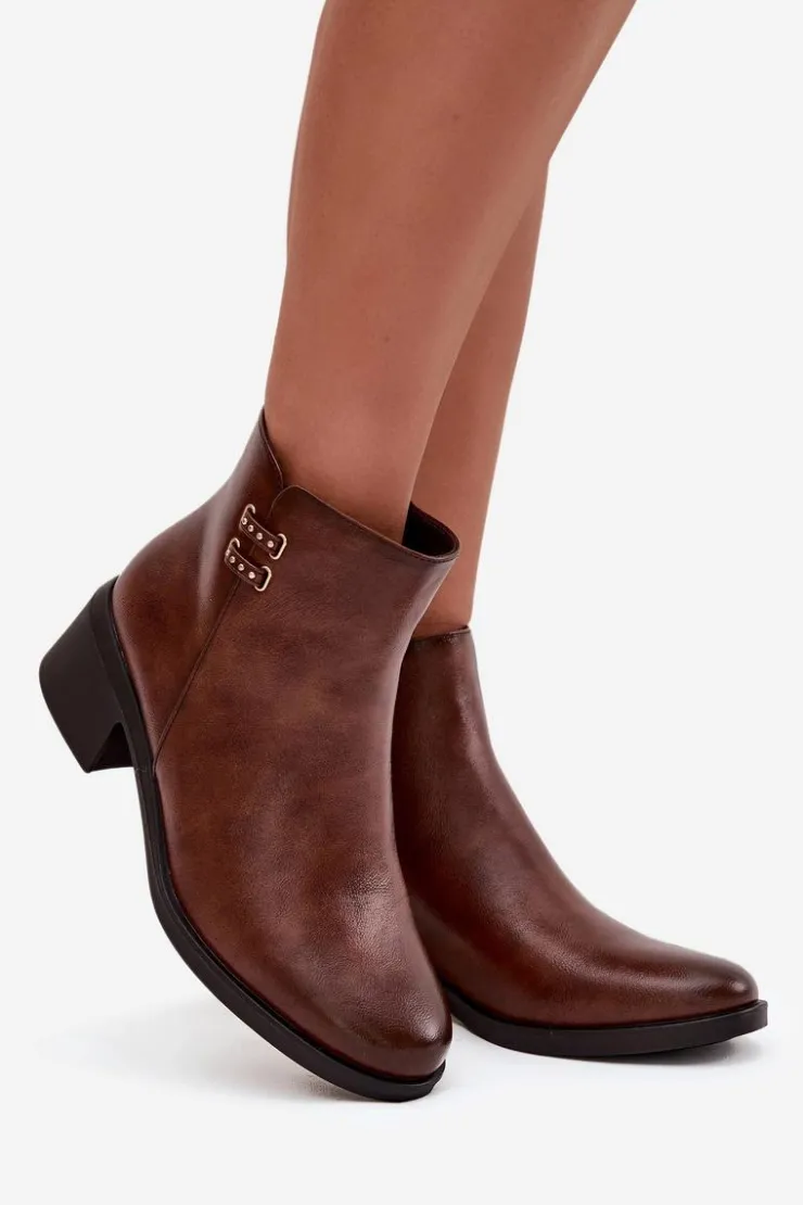 Evento Botki Ocieplane|Czarne Botki*Ocieplane Botki Damskie Na Klocku Brązowe Delmira Brązowy