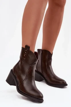 Outlet Boto Ocieplane Botki Damskie Na Obcasie Czekoladowe Brilynn Brązowy