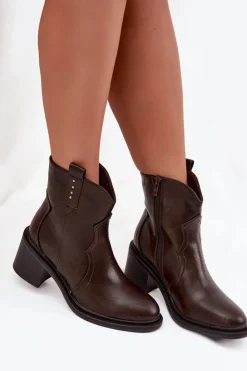 Outlet Boto Ocieplane Botki Damskie Na Obcasie Czekoladowe Brilynn Brązowy
