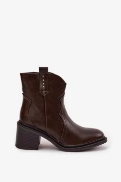 Outlet Boto Ocieplane Botki Damskie Na Obcasie Czekoladowe Brilynn Brązowy