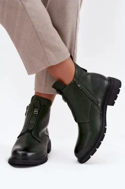 Damskie Boto Ocieplane Botki Damskie Na Zamek Z Ozdobnym Detalem Ciemnozielone Roselle