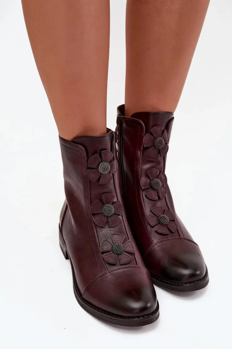 Damskie Boto Ocieplane Botki Damskie Na Płaskim Obcasie Z Ozdobnymi Kwiatkami Bordowe Pravienne