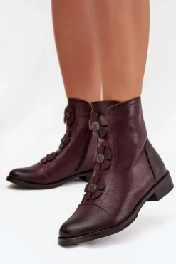 Damskie Boto Ocieplane Botki Damskie Na Płaskim Obcasie Z Ozdobnymi Kwiatkami Bordowe Pravienne