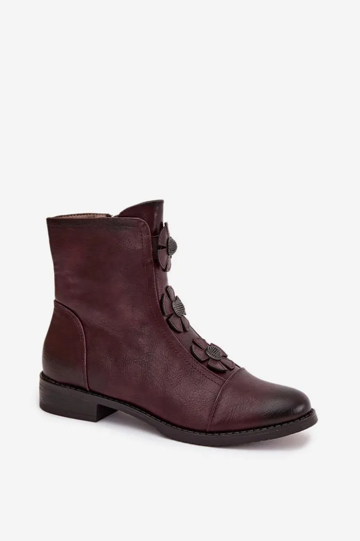 Damskie Boto Ocieplane Botki Damskie Na Płaskim Obcasie Z Ozdobnymi Kwiatkami Bordowe Pravienne