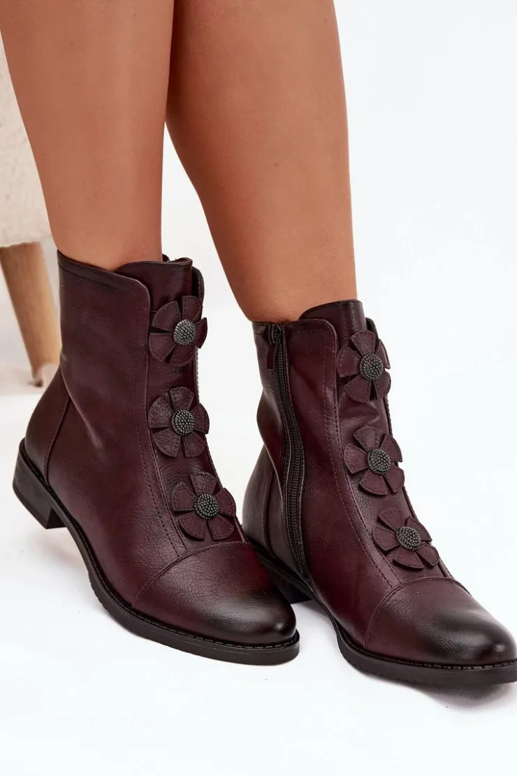 Damskie Boto Ocieplane Botki Damskie Na Płaskim Obcasie Z Ozdobnymi Kwiatkami Bordowe Pravienne