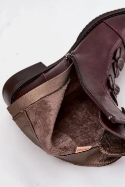 Damskie Boto Ocieplane Botki Damskie Na Płaskim Obcasie Z Ozdobnymi Kwiatkami Bordowe Pravienne