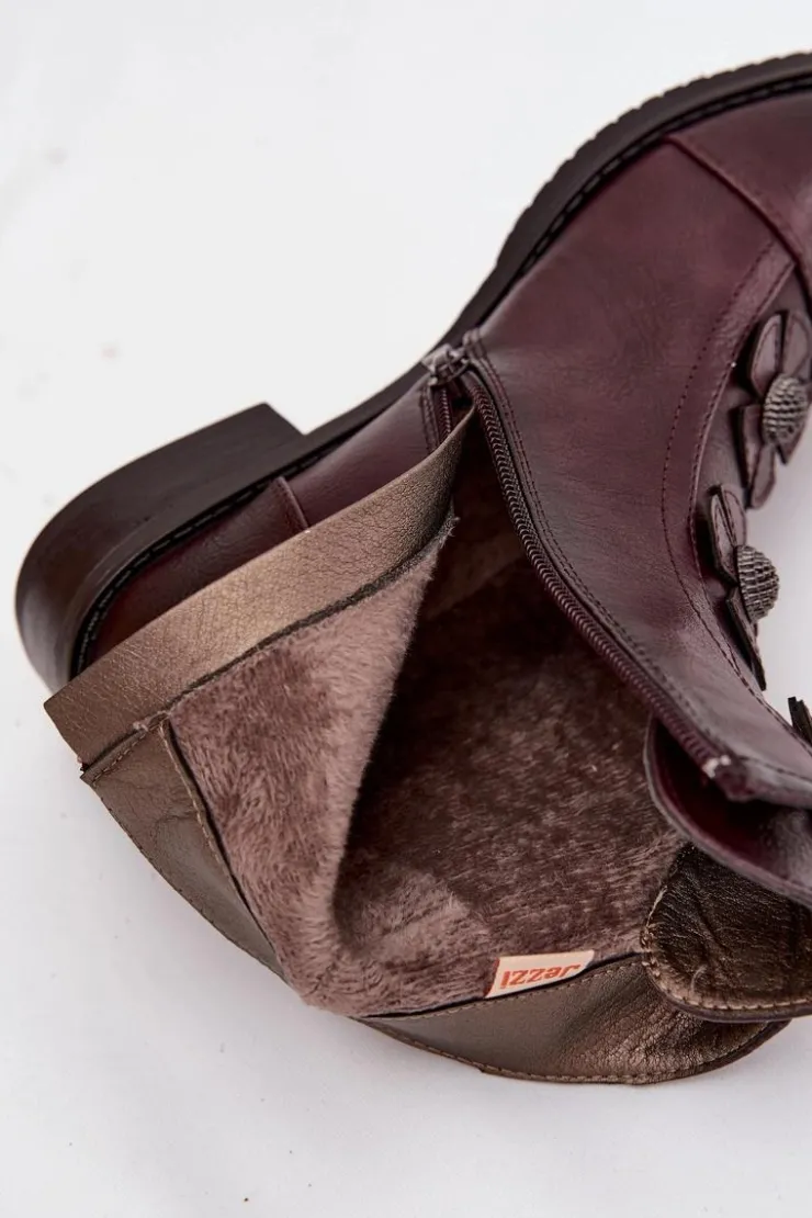 Damskie Boto Ocieplane Botki Damskie Na Płaskim Obcasie Z Ozdobnymi Kwiatkami Bordowe Pravienne