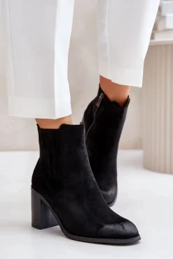 Clearance Boto Ocieplane Botki Damskie Na Słupku Eko Zamszowe Czarne Gudra