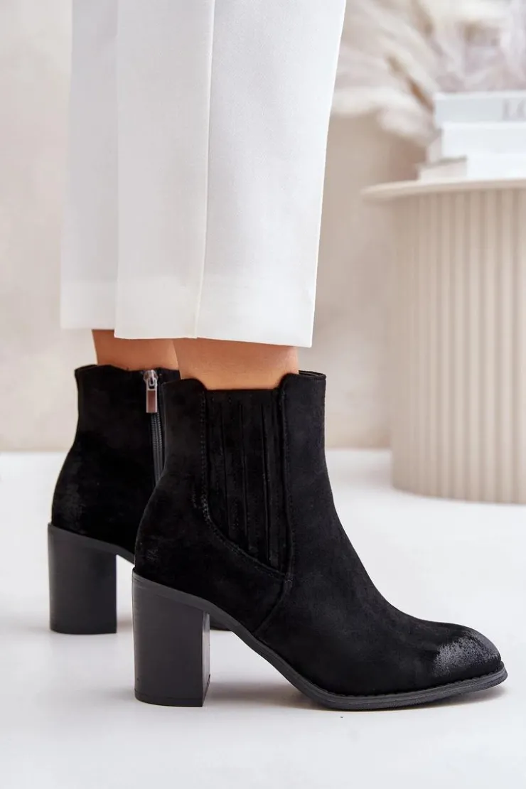 Clearance Boto Ocieplane Botki Damskie Na Słupku Eko Zamszowe Czarne Gudra