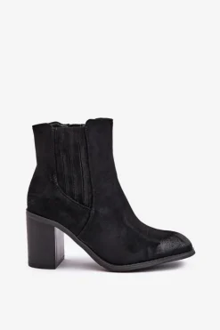 Clearance Boto Ocieplane Botki Damskie Na Słupku Eko Zamszowe Czarne Gudra