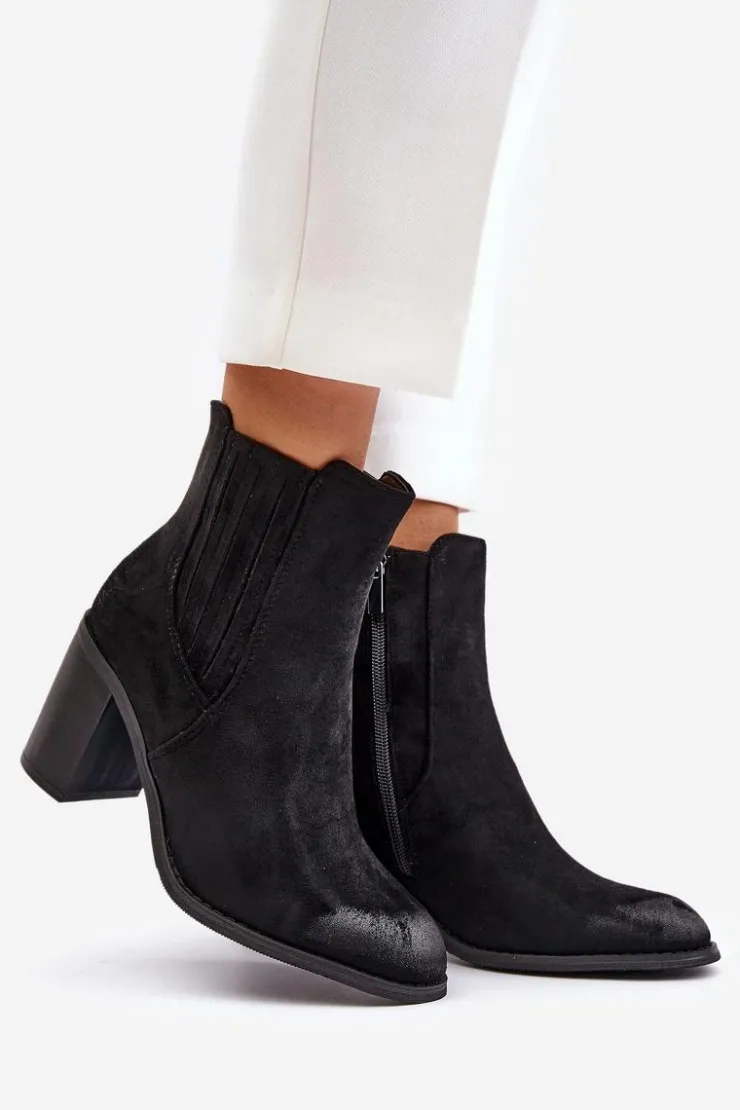 Clearance Boto Ocieplane Botki Damskie Na Słupku Eko Zamszowe Czarne Gudra