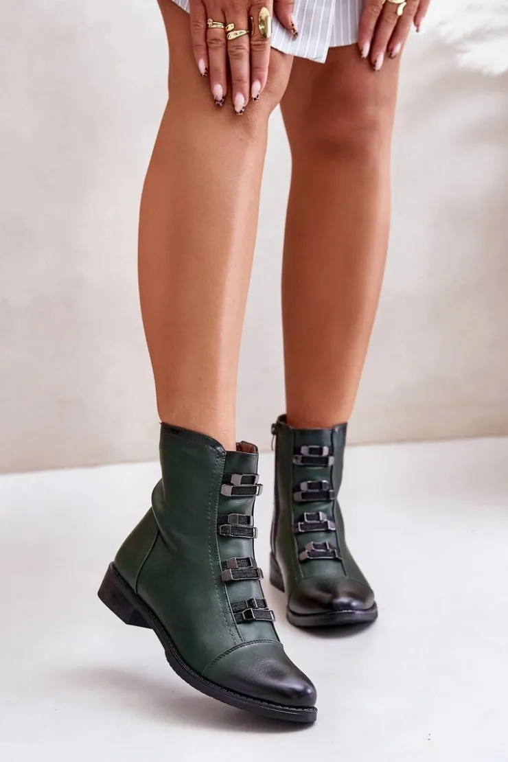 Boto Botki Zimowe Damskie|Botki Płaskie*Ocieplane Botki Damskie Na Zamek Zielone Evalith