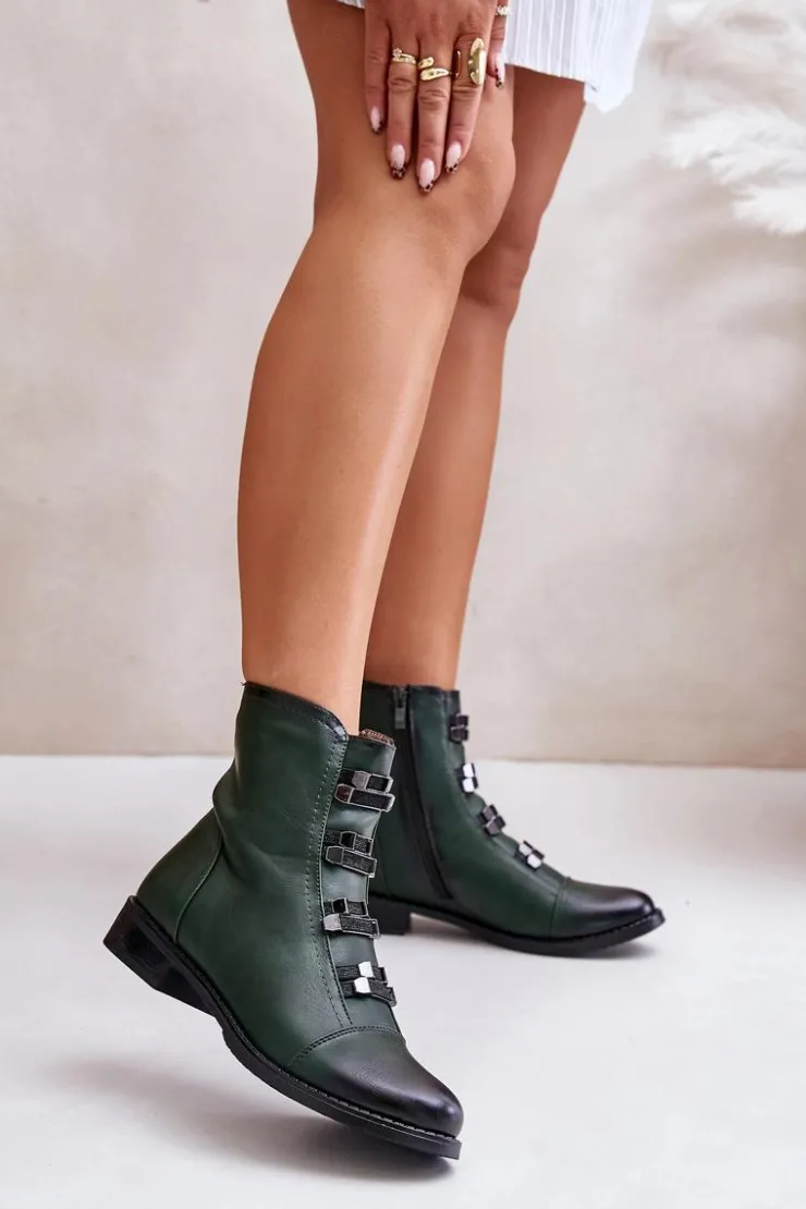 Boto Botki Zimowe Damskie|Botki Płaskie*Ocieplane Botki Damskie Na Zamek Zielone Evalith