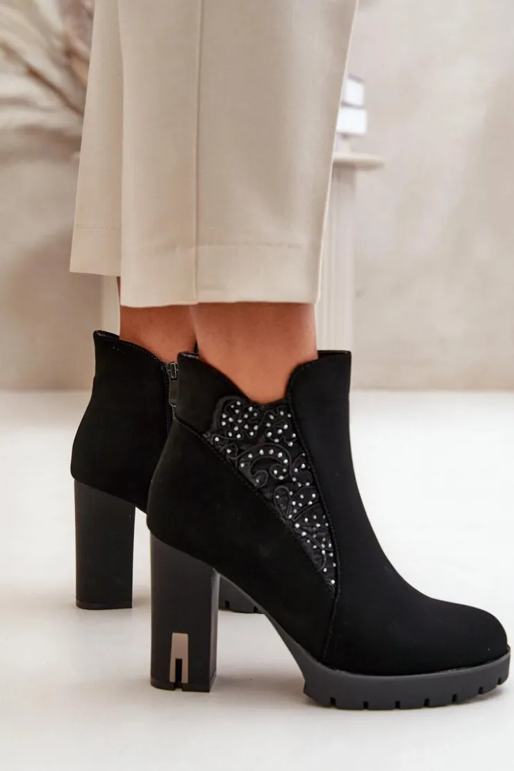 Damskie Boto Ocieplane Botki Damskie Na Wysokim Słupku Z Haftem Czarne Verissae