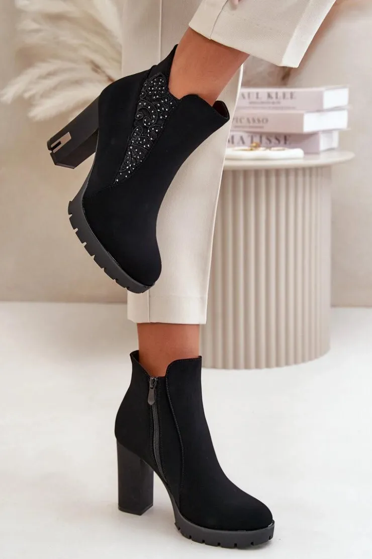 Damskie Boto Ocieplane Botki Damskie Na Wysokim Słupku Z Haftem Czarne Verissae