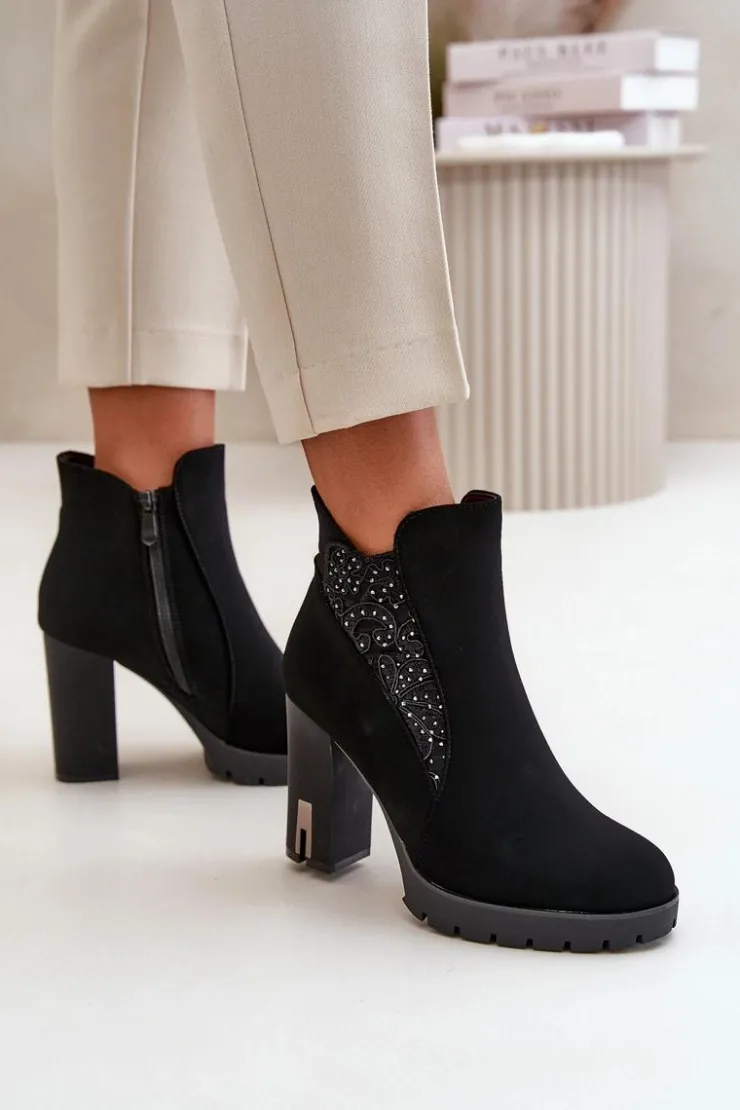 Damskie Boto Ocieplane Botki Damskie Na Wysokim Słupku Z Haftem Czarne Verissae