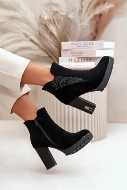 Damskie Boto Ocieplane Botki Damskie Na Wysokim Słupku Z Haftem Czarne Verissae