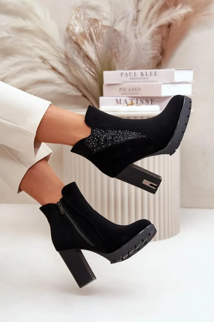 Damskie Boto Ocieplane Botki Damskie Na Wysokim Słupku Z Haftem Czarne Verissae