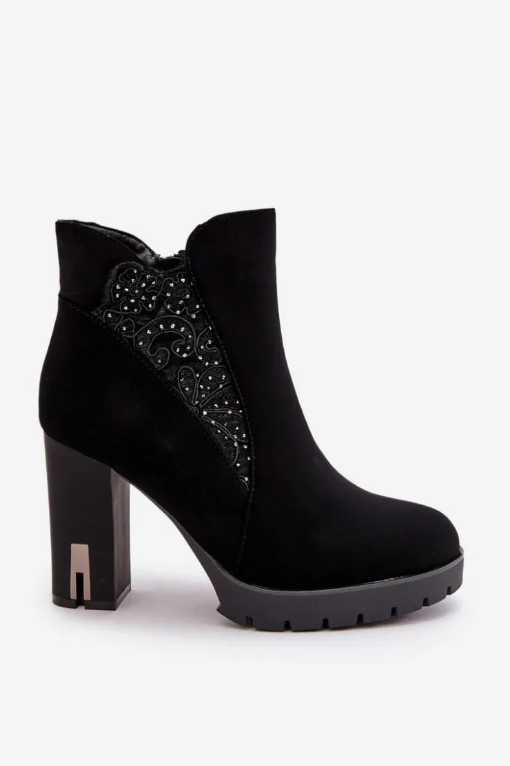 Damskie Boto Ocieplane Botki Damskie Na Wysokim Słupku Z Haftem Czarne Verissae