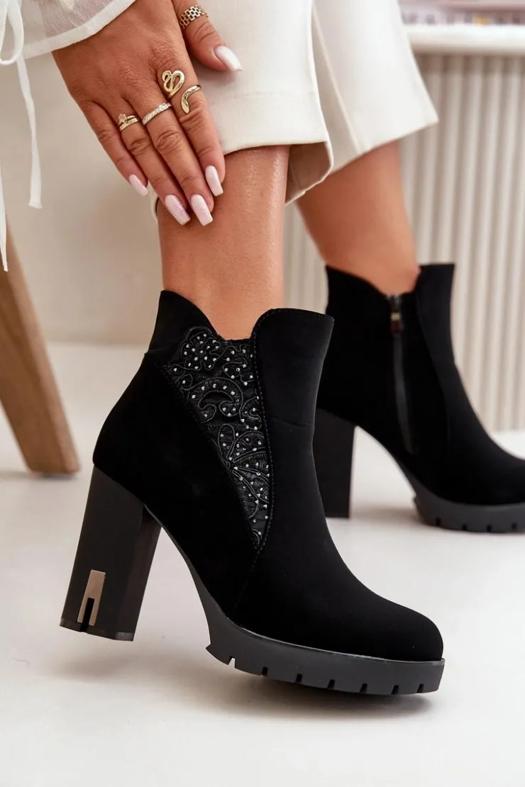Damskie Boto Ocieplane Botki Damskie Na Wysokim Słupku Z Haftem Czarne Verissae