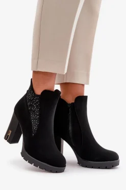 Damskie Boto Ocieplane Botki Damskie Na Wysokim Słupku Z Haftem Czarne Verissae