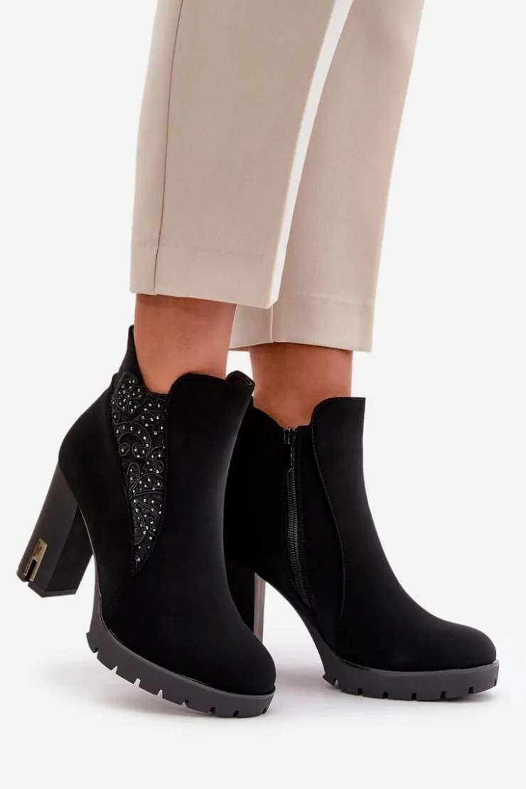Damskie Boto Ocieplane Botki Damskie Na Wysokim Słupku Z Haftem Czarne Verissae