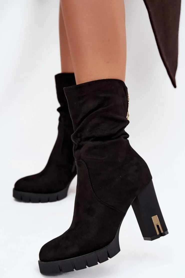 Damskie Boto Ocieplane Botki Damskie Na Słupku Ze Złotym Zamkiem I Marszczeniem Czarne Briannae