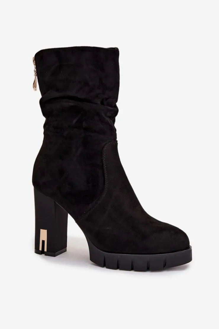 Damskie Boto Ocieplane Botki Damskie Na Słupku Ze Złotym Zamkiem I Marszczeniem Czarne Briannae