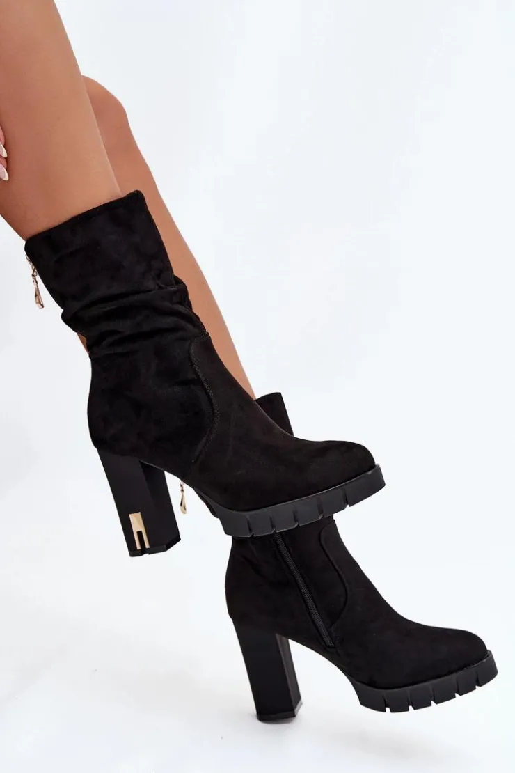 Damskie Boto Ocieplane Botki Damskie Na Słupku Ze Złotym Zamkiem I Marszczeniem Czarne Briannae