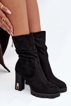 Damskie Boto Ocieplane Botki Damskie Na Słupku Ze Złotym Zamkiem I Marszczeniem Czarne Briannae