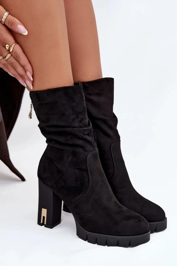 Damskie Boto Ocieplane Botki Damskie Na Słupku Ze Złotym Zamkiem I Marszczeniem Czarne Briannae