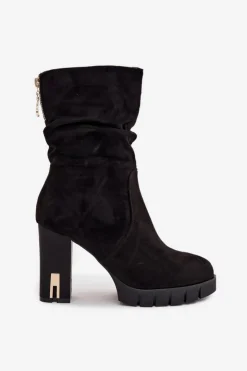 Damskie Boto Ocieplane Botki Damskie Na Słupku Ze Złotym Zamkiem I Marszczeniem Czarne Briannae