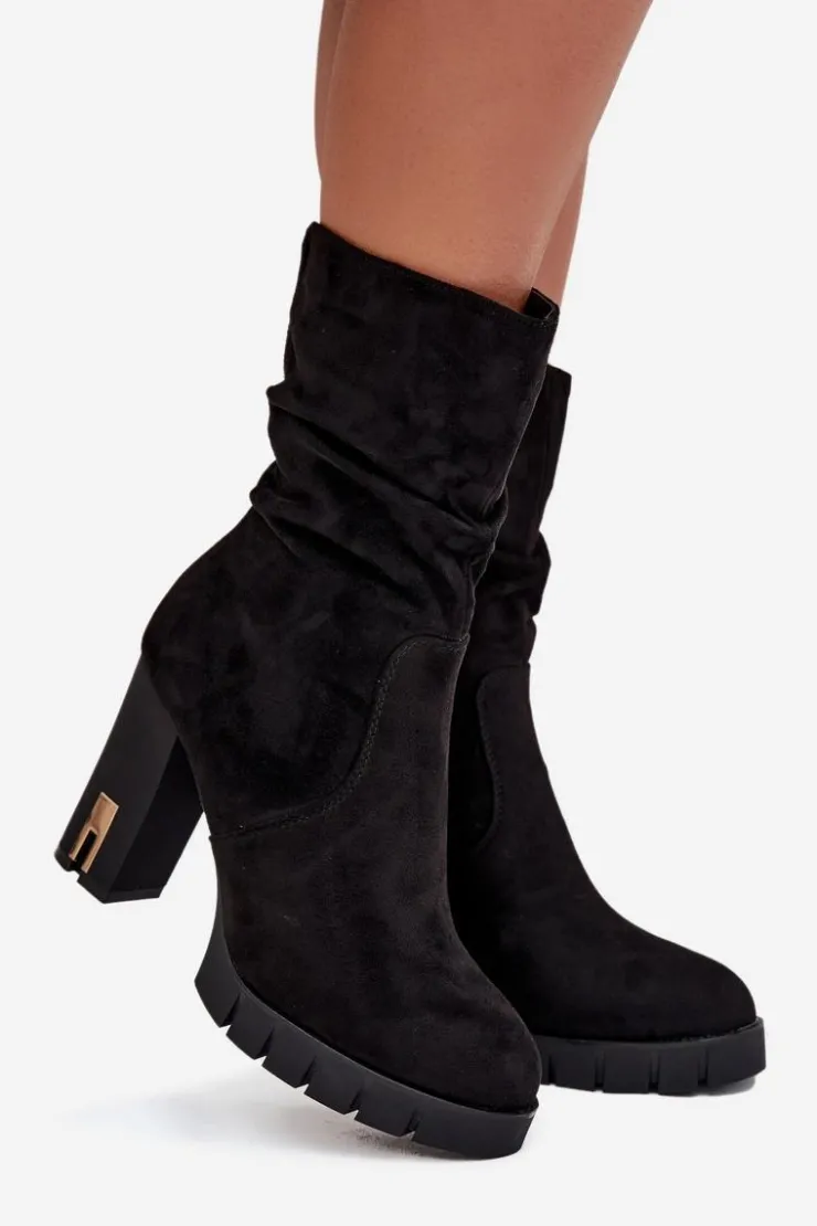 Damskie Boto Ocieplane Botki Damskie Na Słupku Ze Złotym Zamkiem I Marszczeniem Czarne Briannae