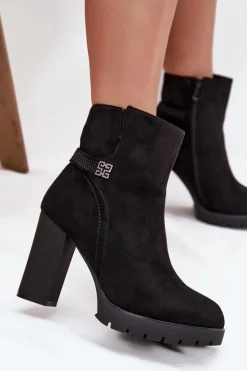 Damskie Boto Ocieplane Botki Damskie Na Słupku Z Ozdobnym Paskiem Czarne Zayna