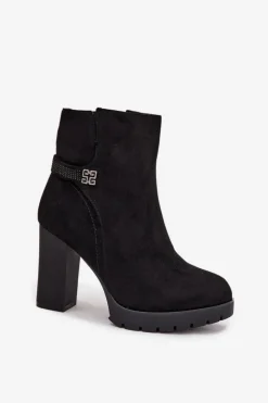 Damskie Boto Ocieplane Botki Damskie Na Słupku Z Ozdobnym Paskiem Czarne Zayna