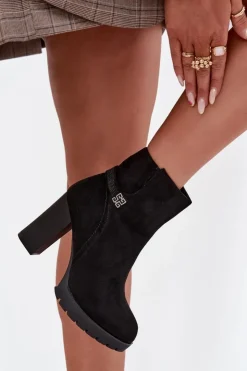 Damskie Boto Ocieplane Botki Damskie Na Słupku Z Ozdobnym Paskiem Czarne Zayna