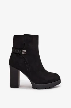 Damskie Boto Ocieplane Botki Damskie Na Słupku Z Ozdobnym Paskiem Czarne Zayna