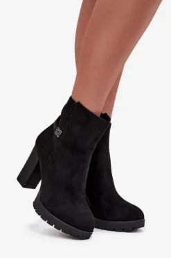 Damskie Boto Ocieplane Botki Damskie Na Słupku Z Ozdobnym Paskiem Czarne Zayna