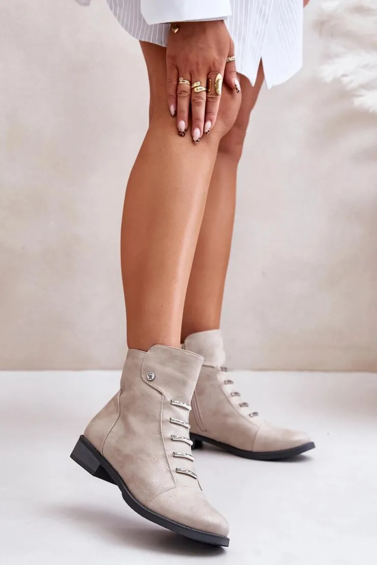 Damskie Boto Ocieplane Botki Damskie Na Płaskim Obcasie Beżowe Labise