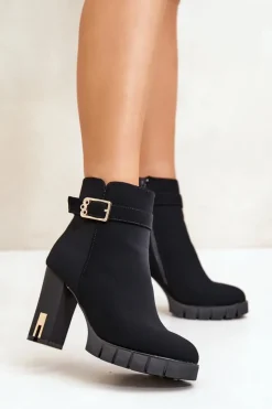 Damskie Boto Ocieplane Botki Damskie Na Słupku Ze Złotą Klamrą Czarne Taitra