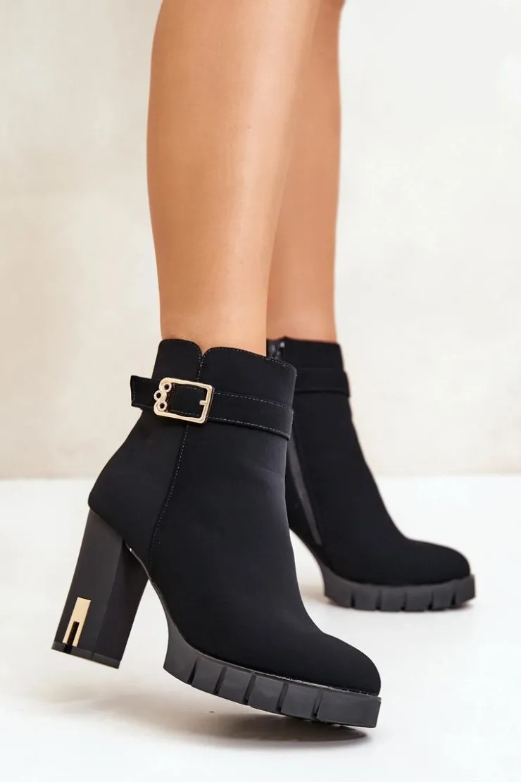 Damskie Boto Ocieplane Botki Damskie Na Słupku Ze Złotą Klamrą Czarne Taitra
