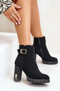 Damskie Boto Ocieplane Botki Damskie Na Słupku Ze Złotą Klamrą Czarne Taitra